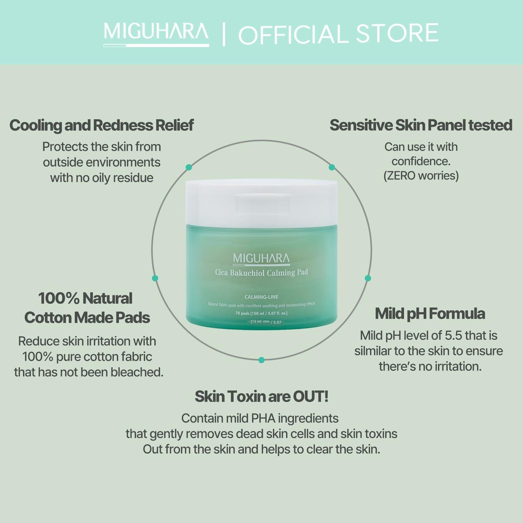 MIGUHARA Cica Bakuchiol Calming Pad | Korean Skincare Toner Pad 70 Count