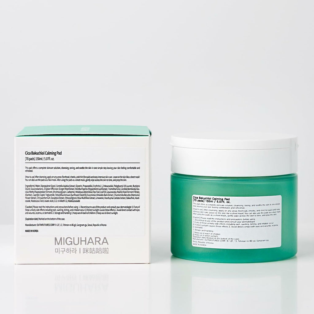 MIGUHARA Cica Bakuchiol Calming Pad | Korean Skincare Toner Pad 70 Count