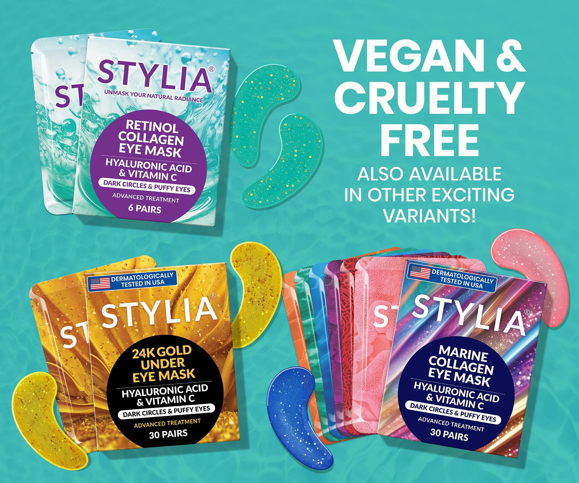 Stylia Under Eye Patches | Marine Collagen, Retinol & Vitamin C - 6 Pairs